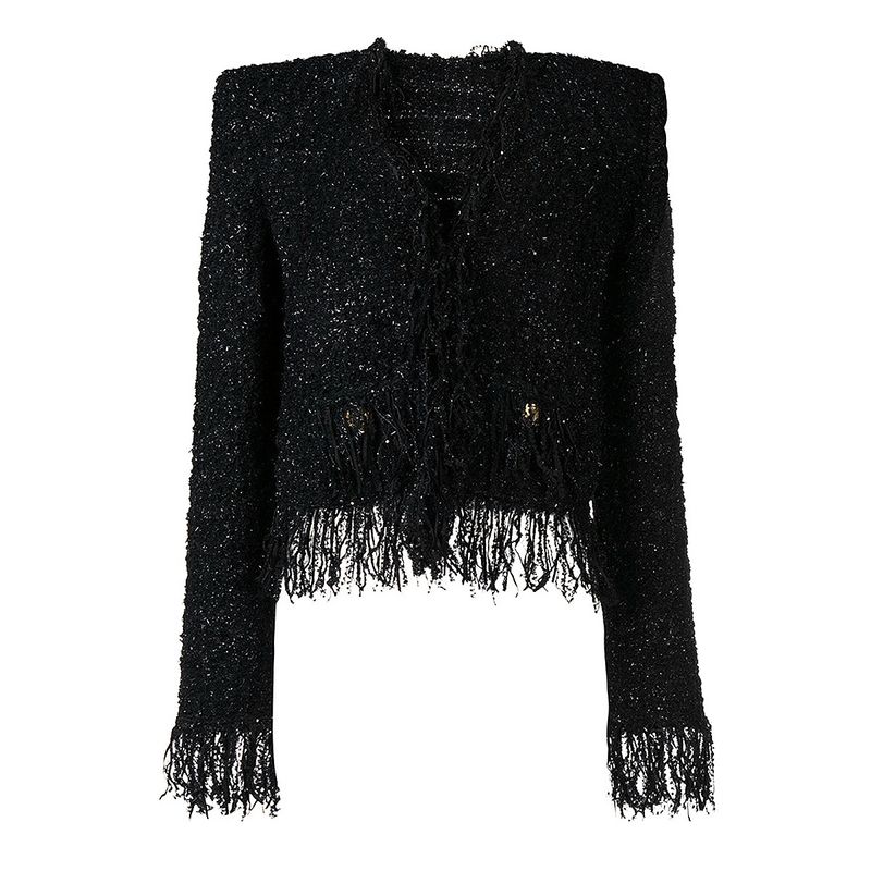 Abbigliamento da donna Nuovo cardigan da donna in tweed di seta brillante nero con bordo a nappa e bottoni decorativi_voghion.com