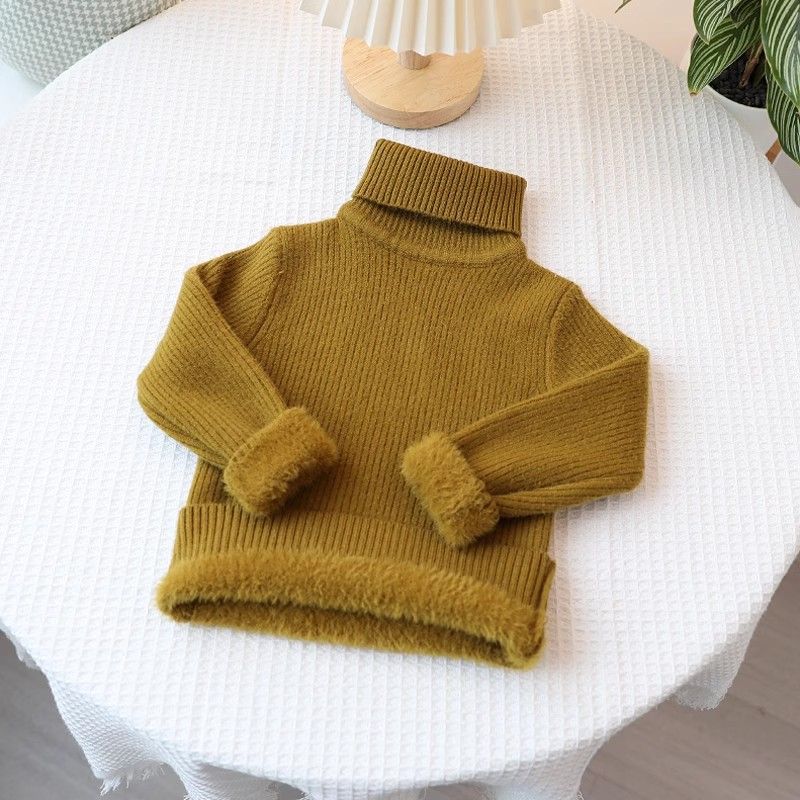 Children's Sweater Integrated Fleece Base Sweater Medium Children's Solid Color Turtleneck Pullover Jacket For Boys And Girls_voghion.com