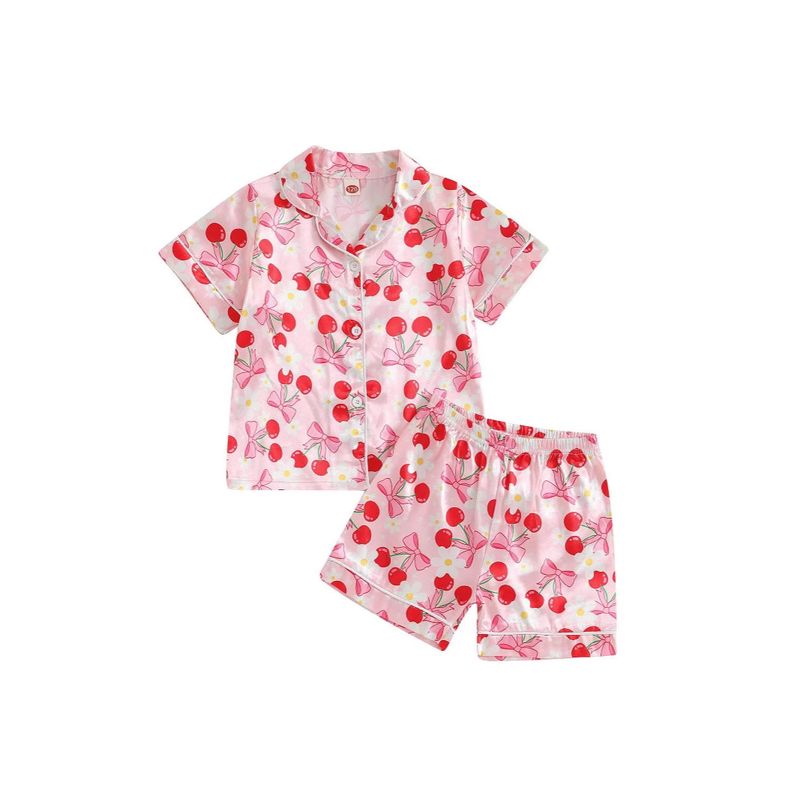 Ropa para niños Pijamas de verano Ropa nueva de manga corta para el hogar Traje lindo Pantalones cortos Cárdigan Polvo de cereza avanzado_voghion.com