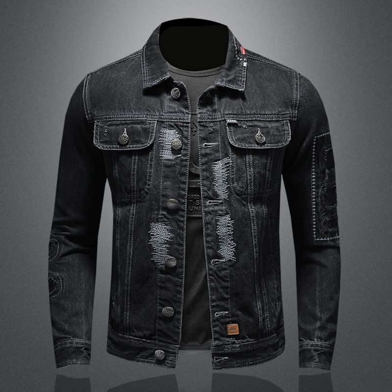 Herrenkleidung Frühling Heavy Torn Patch Herren Jeansjacke Top Schwarzer Mantel_voghion.com
