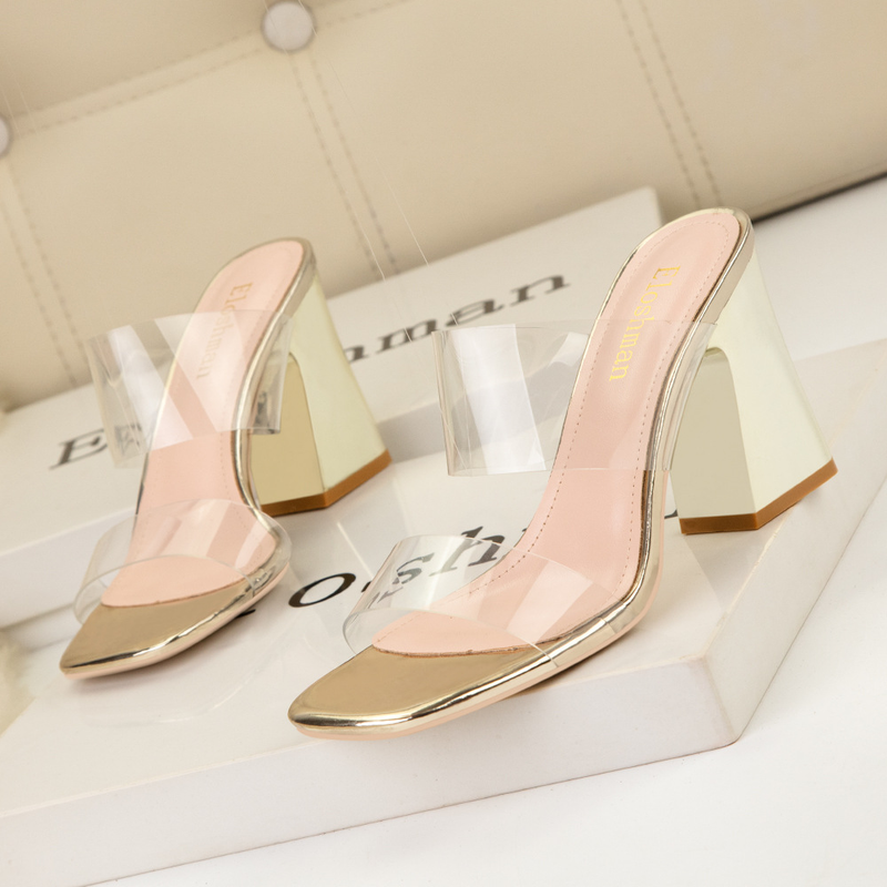 Women's Pumps style simple sexy banquet strappy women's sandals square toe transparent thick heel open toe high heel slippers_voghion.com