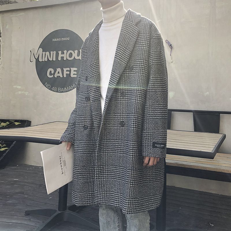 Men's double-breasted tweed coat with plaid mid-length tweed trench coat_voghion.com