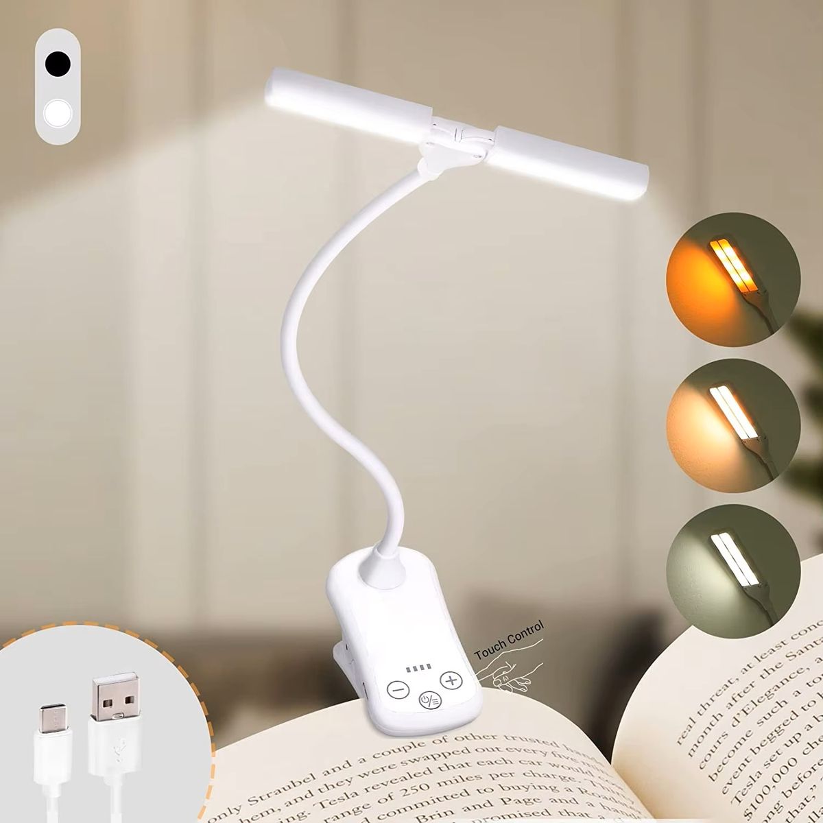 14 LED Clip On Book Light 3 Colori 8 Luminosità USB Ricaricabile Luce Notturna Portatile Luce di Lettura Lampada da Libro Mini Lampada da Scrivania_voghion.com