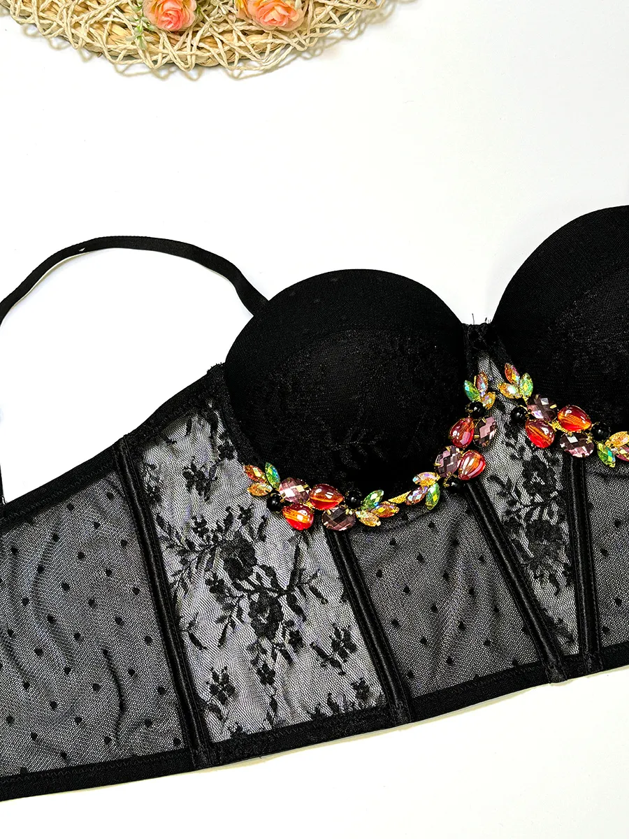 Czarny koronkowy gorset Premium Out z biżuterią, kwiatowym wzorem, seksownym wewnętrznym gorsetem Pure Lust Style_voghion.com