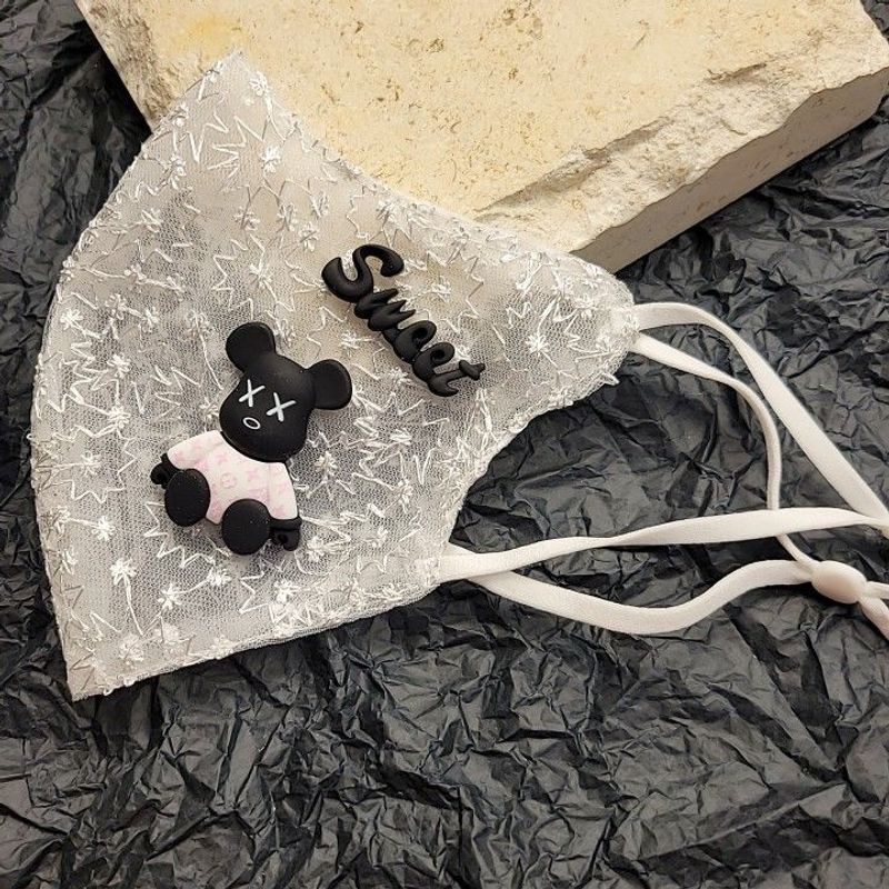 Summer Black White Embroidery Mouth, Black Peach Heart Cartoon Sunscreen Mask_voghion.com