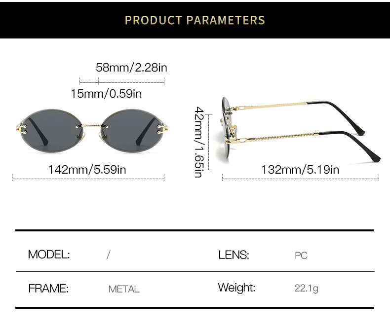 Moda Czarny Metal Owalny Kobiety Trend 2024 Vintage Okulary przeciwsłoneczne Bez Oprawek Dla Kobiet Projektant Mody Małe Okulary UV400 Oculus_voghion.com