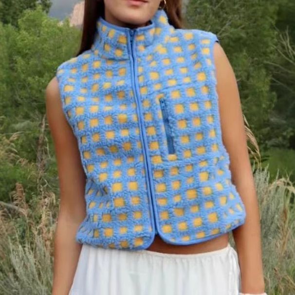 Gilet zippé en polaire gaufrée pour femme, col montant, sans manches, superposition légère et chaude pour l'automne et l'hiver_voghion.com