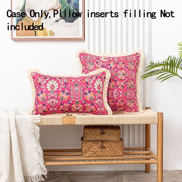 Nordic-style decorative geometric floral pattern with tassels around and linen printed sofa pillow case_voghion.com