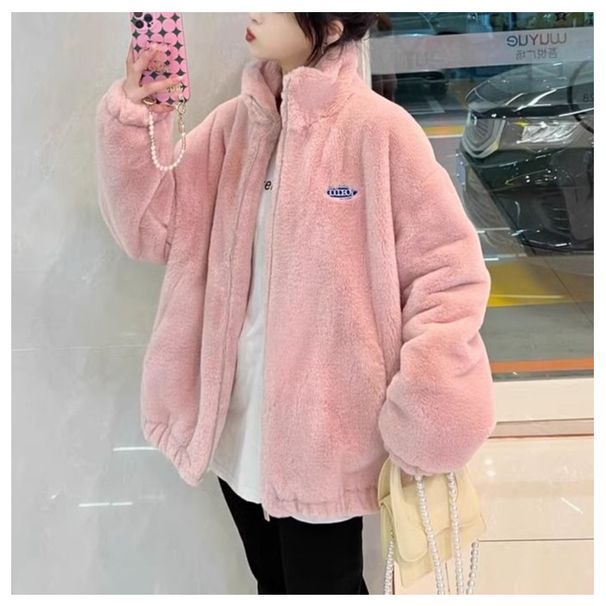 Pink Lamb Wool Coat For Women, Winter Thickened, Petite, High-End Plush Stand Collar Baseball Jacket_voghion.com