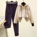 Ensemble deux pièces d'hiver douillet : sweat à capuche doublé polaire et pantalon en laine pour femmes de petite taille, tenue décontractée pour étudiantes._voghion.com
