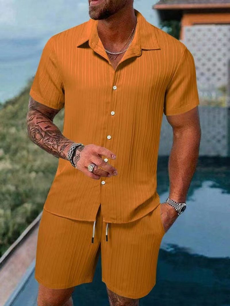 Trendy casual sports suit autumn men's striped lapel shirt shorts_voghion.com