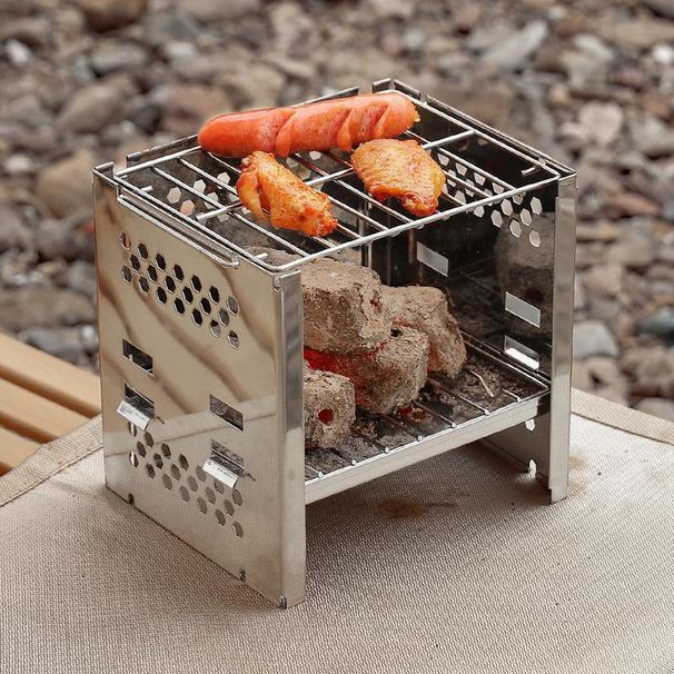 Barbecue da campeggio pieghevole in acciaio inox a doppio strato per stufa a legna e carbone, per picnic_voghion.com