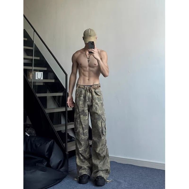 Pantaloni cargo paracadute da uomo in stile americano, mimetici, autunnali, hip-hop, larghi e dritti_voghion.com