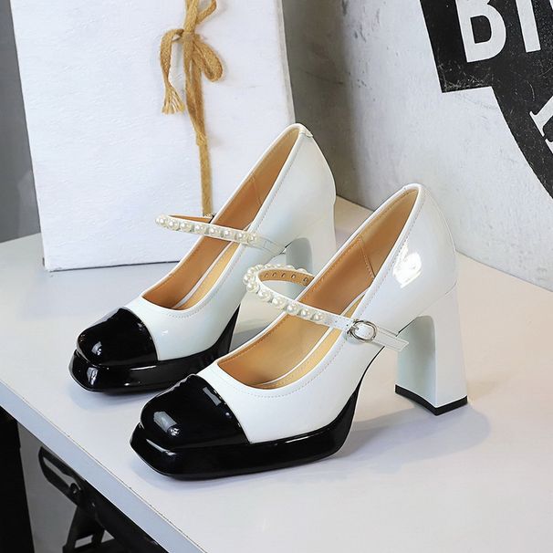 Women's Shoes Chunky Heel Mary Jane Shoes, Square Toe, Waterproof Platform, Low Mouth, Color Block, One Strap Pearl High Heel Single Shoes_voghion.com