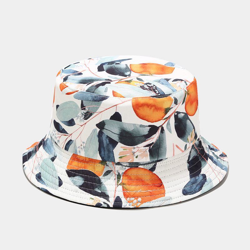 Chapéu de balde feminino novo padrão de frutas caqui chapéu de bacia dupla face chapéu de sol protetor solar tendência de rua masculino_voghion.com
