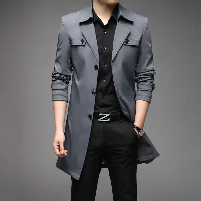 Langer Trenchcoat im Slim Fit für Herren – leichte, knitterfreie Business-Casual-Jacke mit Revers (Schwarz, Marineblau, Khaki, Grau)_voghion.com