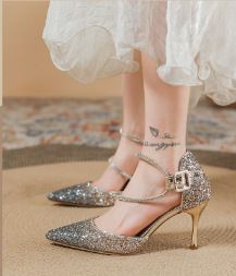 French Girl Gradient High Heels 2025 New Sequined Crystal Wedding Shoes, Internet Famous Slim Heel Pointed Versatile_voghion.com