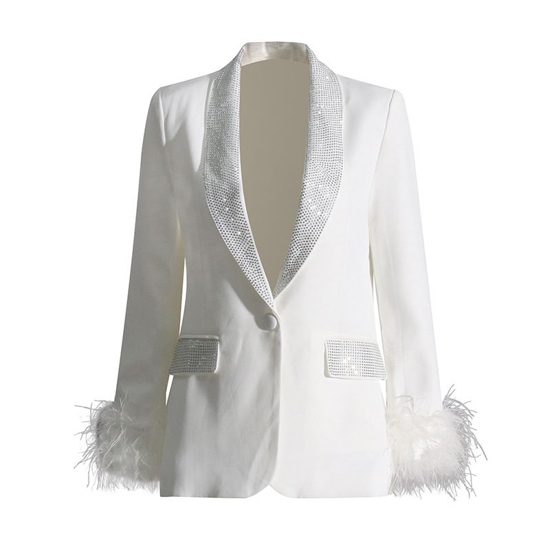 Vêtements pour femmes automne nouveau style col de fruit vert à manches longues conception d'épissure de plumes d'autruche veste de couleur unie costume pour femmes_voghion.com