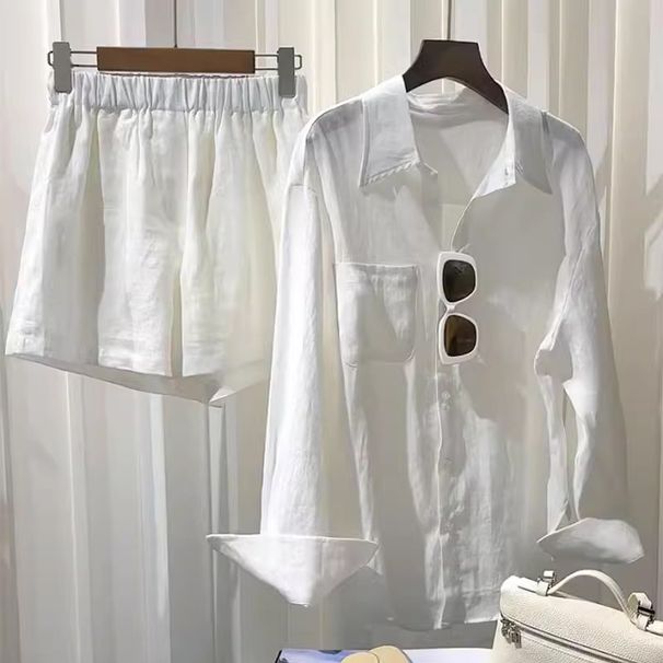 Women's Clothing White shirt linen suit loose large size cotton and linen shorts high-end texture long-sleeved shirt two-piece suit_voghion.com