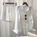 Women's Clothing White shirt linen suit loose large size cotton and linen shorts high-end texture long-sleeved shirt two-piece suit_voghion.com
