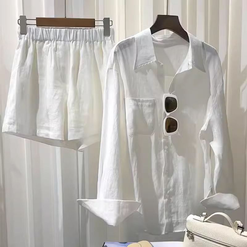 Abbigliamento da donna Camicia bianca abito di lino sciolto pantaloncini di cotone e lino di grandi dimensioni camicia a maniche lunghe di alta qualità abito a due pezzi_voghion.com