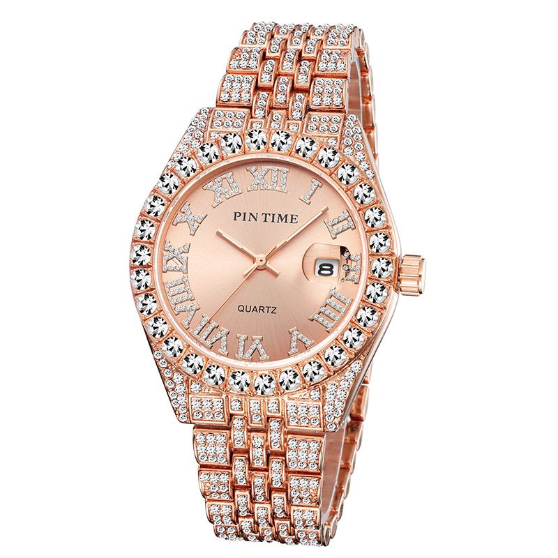 Luksusowy męski zegarek kwarcowy hip-hopowy z pełnymi diamentowymi akcentami, wodoodporny, z wyświetlaczem daty, ze stalową bransoletą i pełnym diamentowym kalendarzem_voghion.com