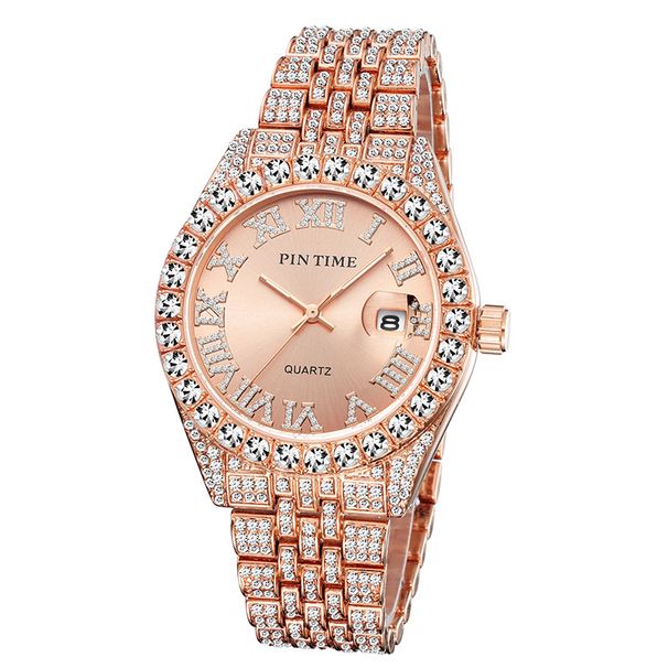 Luksusowy męski zegarek kwarcowy hip-hopowy z pełnymi diamentowymi akcentami, wodoodporny, z wyświetlaczem daty, ze stalową bransoletą i pełnym diamentowym kalendarzem_voghion.com