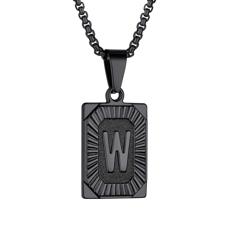 Collier pendentif initial Laatikui Black Dog Tag lettre W en acier inoxydable avec chaîne en forme de boîte et déclaration de nom pour fils, papa, mari_voghion.com