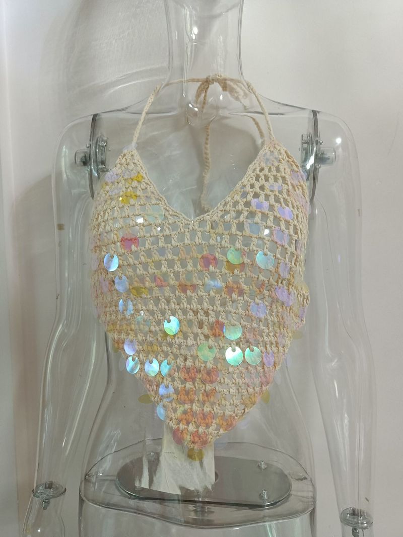​​Sexy Hollow-Out Backless Bikini Top With Beaded Tassels - Trendy Crochet Swimwear For Women, V-Neck Sleeveless Beachwear In Multiple Colors (S/M/L)​_voghion.com