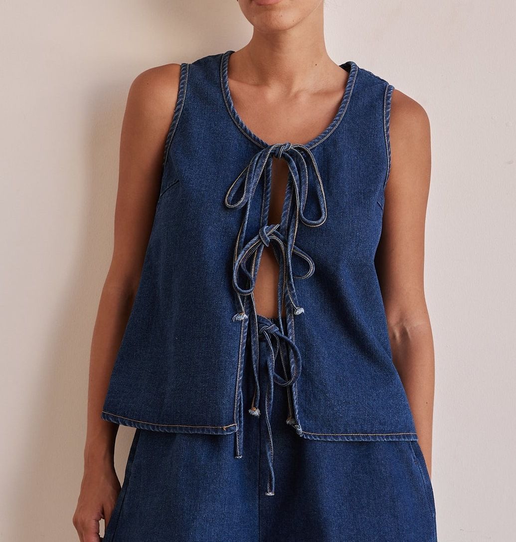 Sommermode Casual Sleeveless Tie Taille Damen Weste Denim Shorts Set_voghion.com