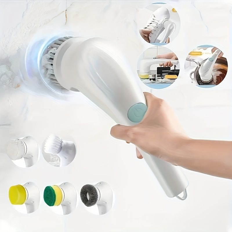 1 set di spazzole elettriche per la pulizia domestica con 5 testine di ricarica USB, multifunzionali, per la pulizia del bagno e della cucina._voghion.com