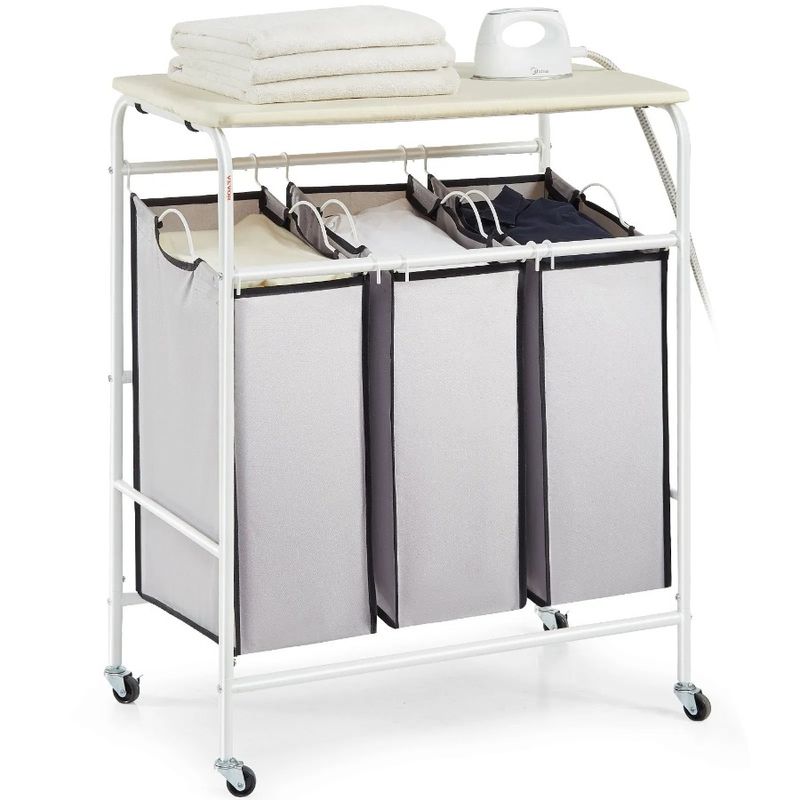 3Section With With Bag Board Lau Laundry Lockable 3 Hamper Heavy Cart Ironing Wheels Removable Duty And Rolling Laundry Sorter_voghion.com