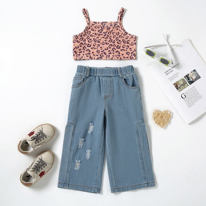 Kid's Clothing New Girls Leopard Print Sleeveless Navel Baring Top + Denim Slit Trousers Set_voghion.com