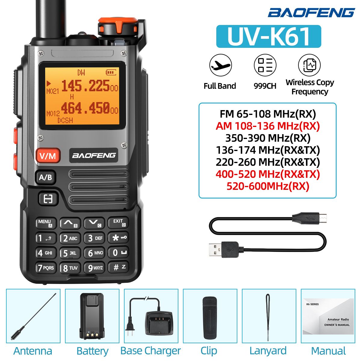 Bafeng UV-K61 Walkie Talkie Air Wireless Cpy Frequenza AM FM 999CH Full Band NOAA Tipo-C UV-5R UV-K6 Ham aggiornato_voghion.com