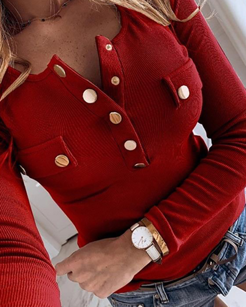 Women's long-sleeved casual button-down T-shirt large size slim solid color top_voghion.com