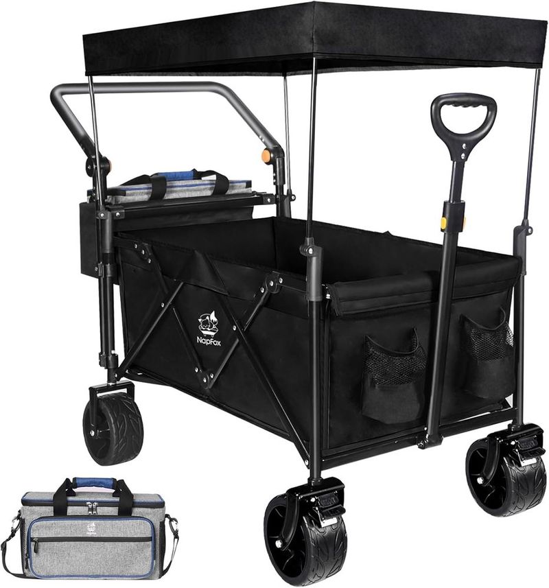 Collapsible Wagon Heavy Duty Folding Wagon Cart With Removable Canopy, 4' Wide Large All Terrain Wheels, Brake, Adjustable Handles,Cooler Bag Utilit_voghion.com