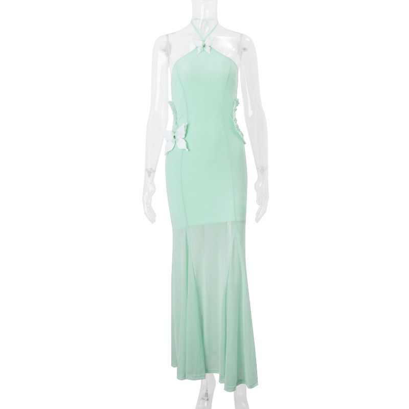 Ins Style 2024 Automne Nouvelle Robe Papillon Suspendue Col Ajouré Dos Nu Minceur Queue de Poisson, Jupe Longue_voghion.com
