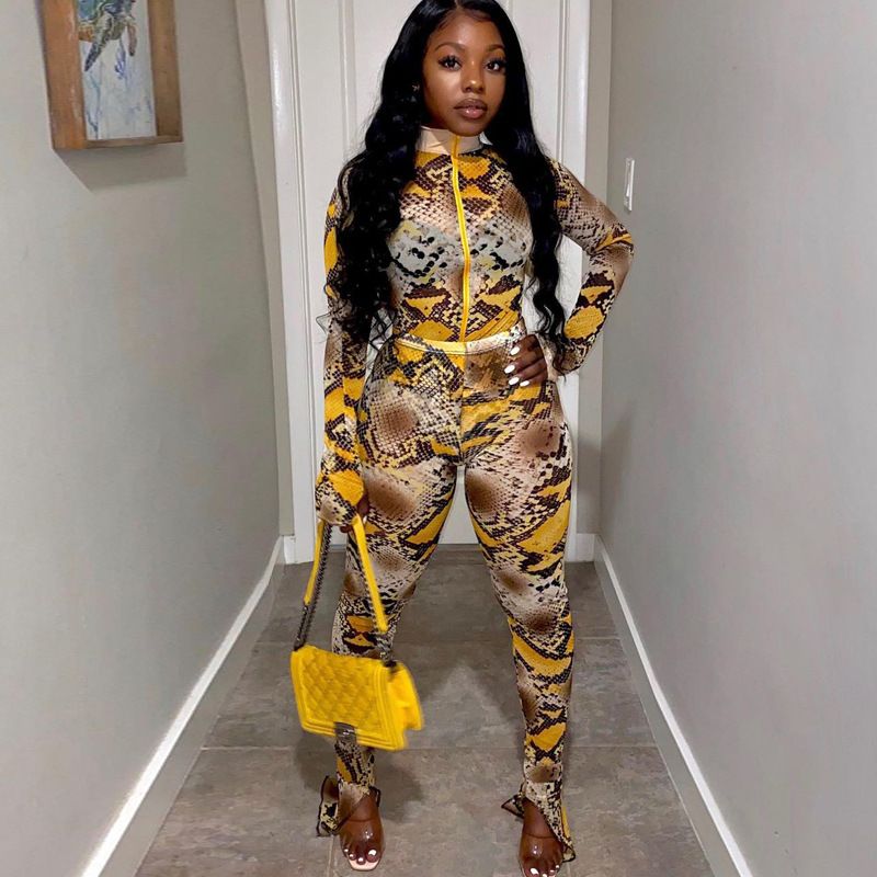 Damen Herbst Neu Bedrucktes Langarm-Jacken-Top Schlaghose Zweiteiliges Set_voghion.com