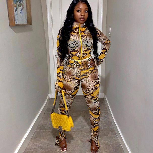 Damen Herbst Neu Bedrucktes Langarm-Jacken-Top Schlaghose Zweiteiliges Set_voghion.com