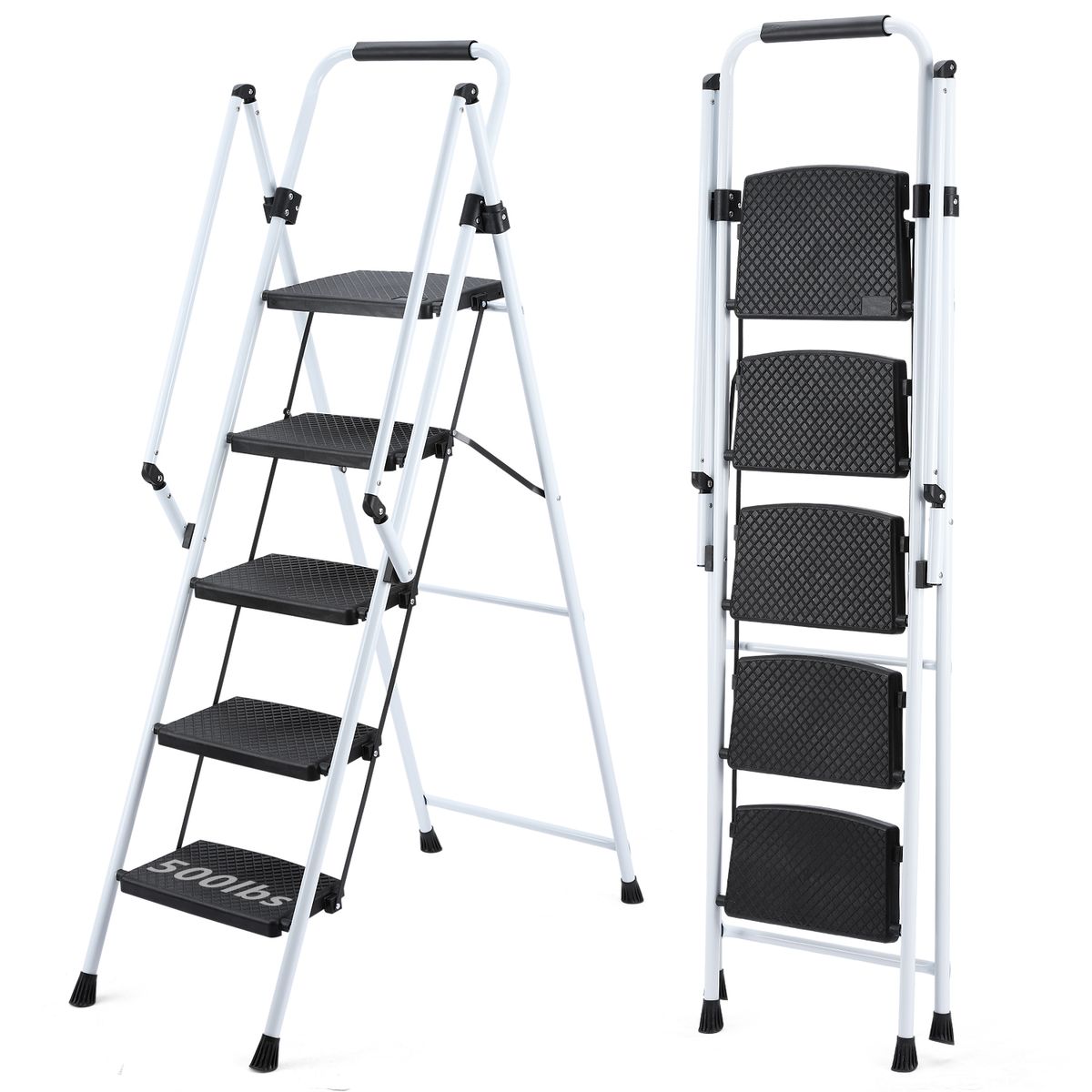 ladder, Folding Ladder Stool, With Anti Slip Wide Pedals, Steel Ladder, With Safety Anti Slip Handle, Lightweight 300 Pound Portable Steel Ladder Stool In White 5 Steps_voghion.com