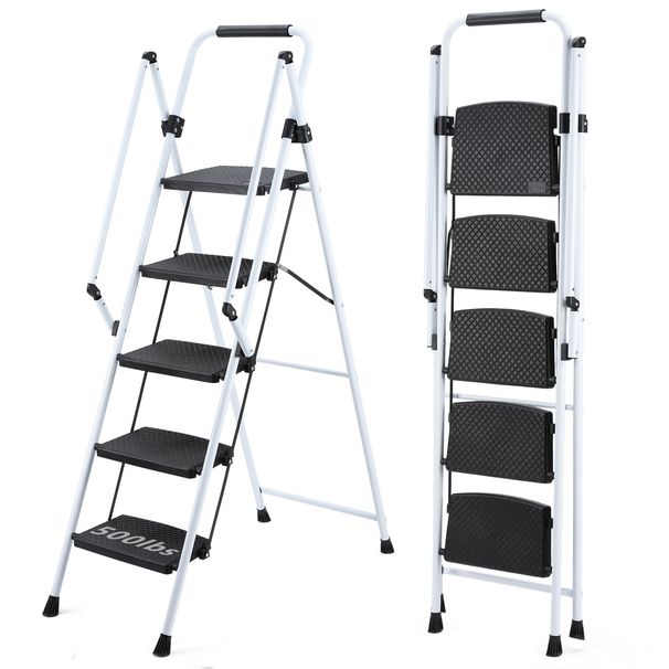 ladder, Folding Ladder Stool, With Anti Slip Wide Pedals, Steel Ladder, With Safety Anti Slip Handle, Lightweight 300 Pound Portable Steel Ladder Stool In White 5 Steps_voghion.com