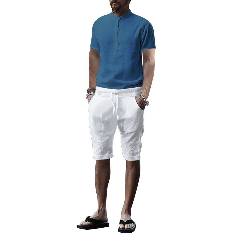T-shirt estiva 2022, pantaloncini corti larghi, camicia da uomo in cotone e lino a maniche corte in tinta unita_voghion.com