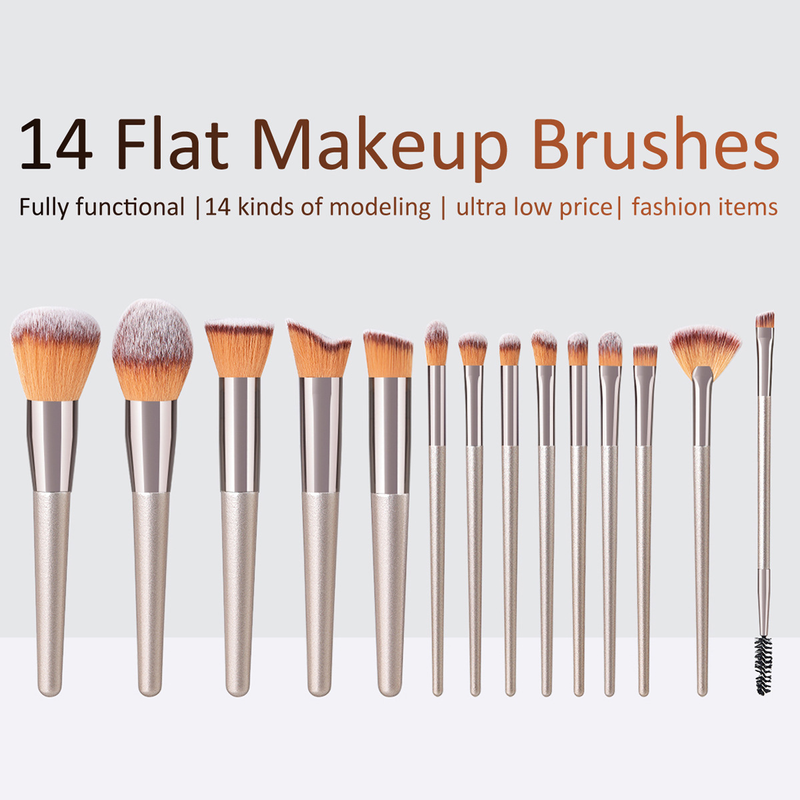 14-teiliges Make-up-Pinselset in Champagnerfarbe, hohe Qualität, inklusive Rougepinsel, Direktverkauf ab Werk FINDCOLOR_voghion.com