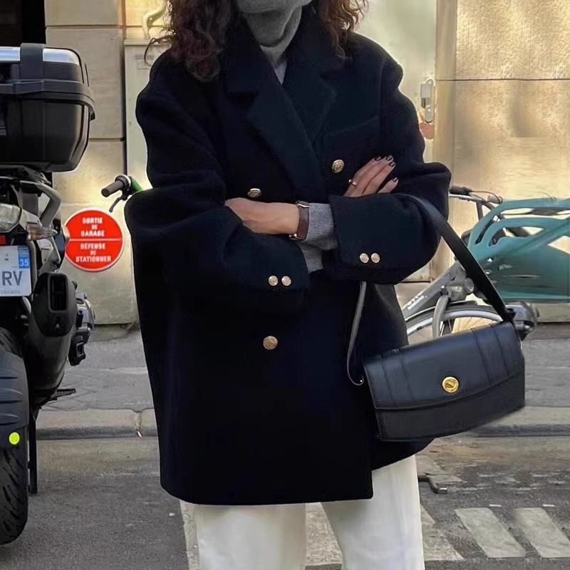 Black autumn and winter 2024 new Korean version small suit woolen coat for women, thickened_voghion.com