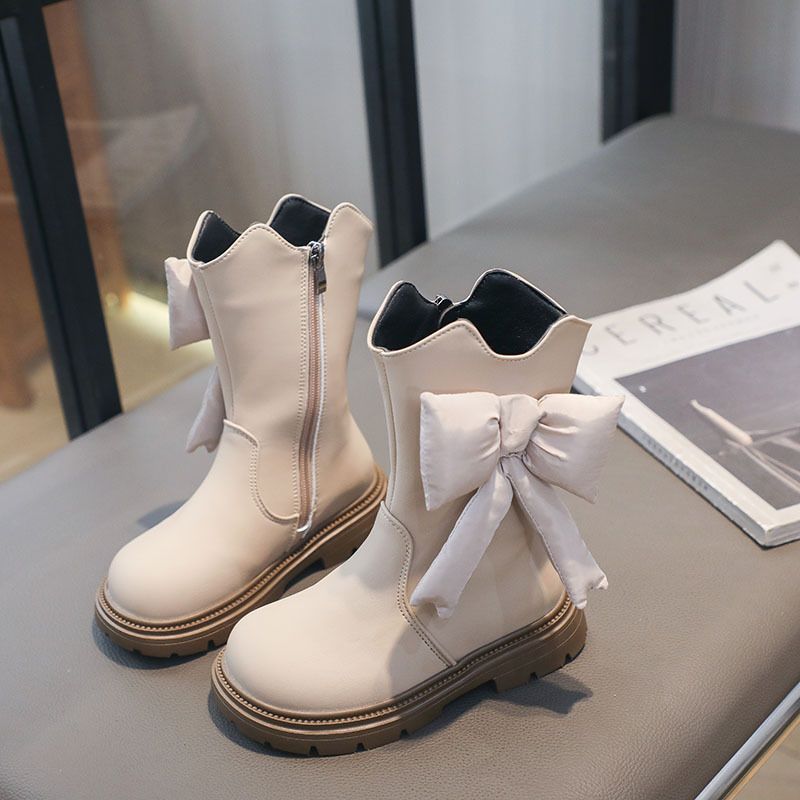 Children's big bow leather with winter fleece insulation, mid top for girls, non slip fashion boots_voghion.com
