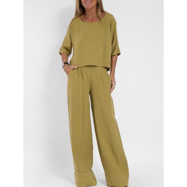 Damenbekleidung Sommer Neue Damen Casual Loose Solid Color Kurzarm Hosenanzug aus Baumwolle und Leinen_voghion.com
