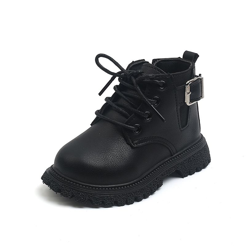 Children's autumn and winter solid color retro short boots boys' Martin boots side zipper girls' soft-soled boots single boots leather boots_voghion.com
