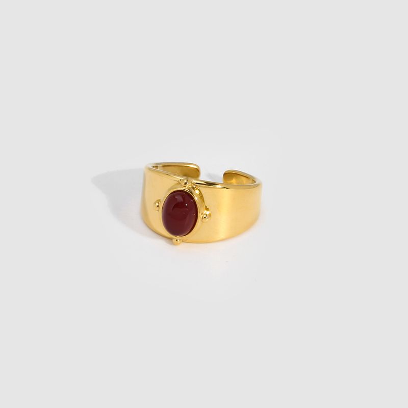 Gouden brede ovale natuursteen met minimalistisch design voor mannen en vrouwen, titanium stalen sieradenring_voghion.com