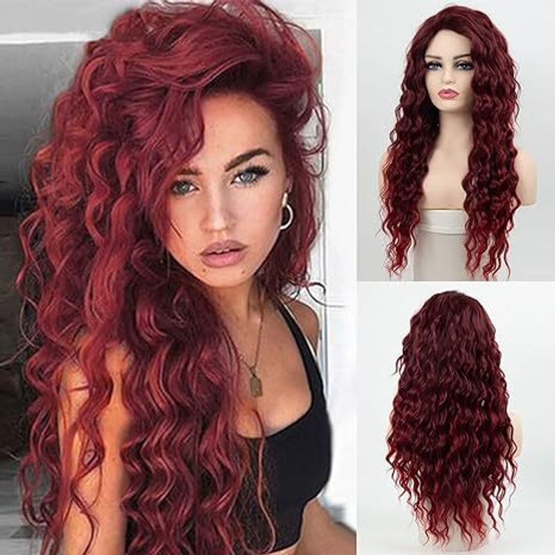 Sentetik Saç Moda Perukları Bayan Uzun Kıvırcık Saç Şarap Kırmızısı Bükülmüş Örgüler Uzun Sentetik Elyaf Başlık Peruk_voghion.com