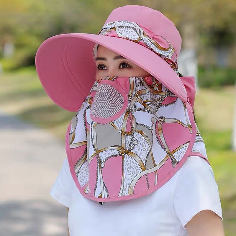 Moda Verano Mujeres Al Aire Libre Prin Pescador Protección UV Ala Ancha Jardín Trabajo Sombra Ha Transpirable Mascarilla Facial Desmontable_voghion.com
